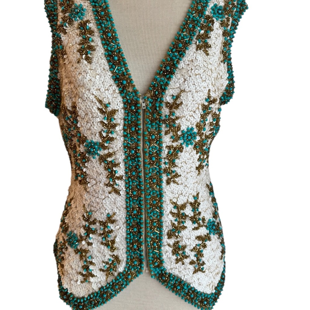 Vintage Lord & Taylor Beaded Sequined Turquoise, Cream & Gold Zippered Vest